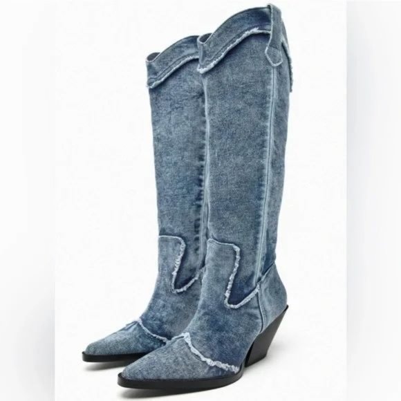 ZARA DENIM COWBOY BOOTS - Picture 1 of 11